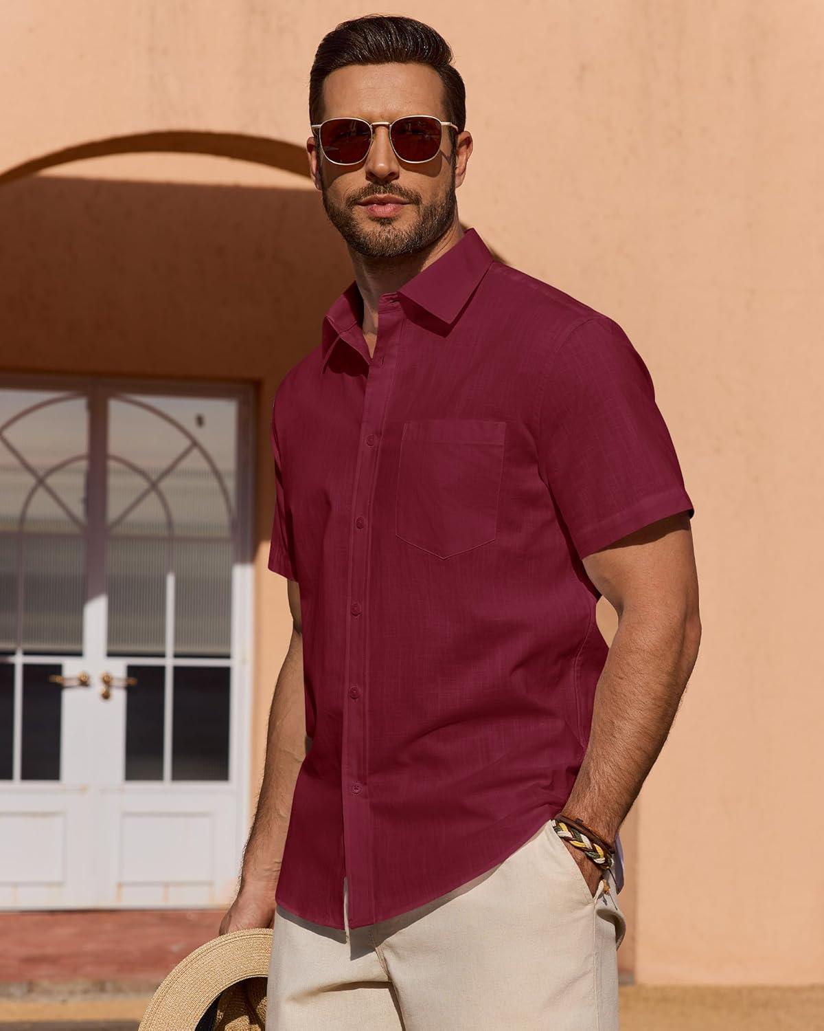 imageAlimens amp Gentle Mens Short Sleeve Cotton Linen Texture Shirt Casual Untucked Button Down Lightweight Shirts Summer BeachBurgundy