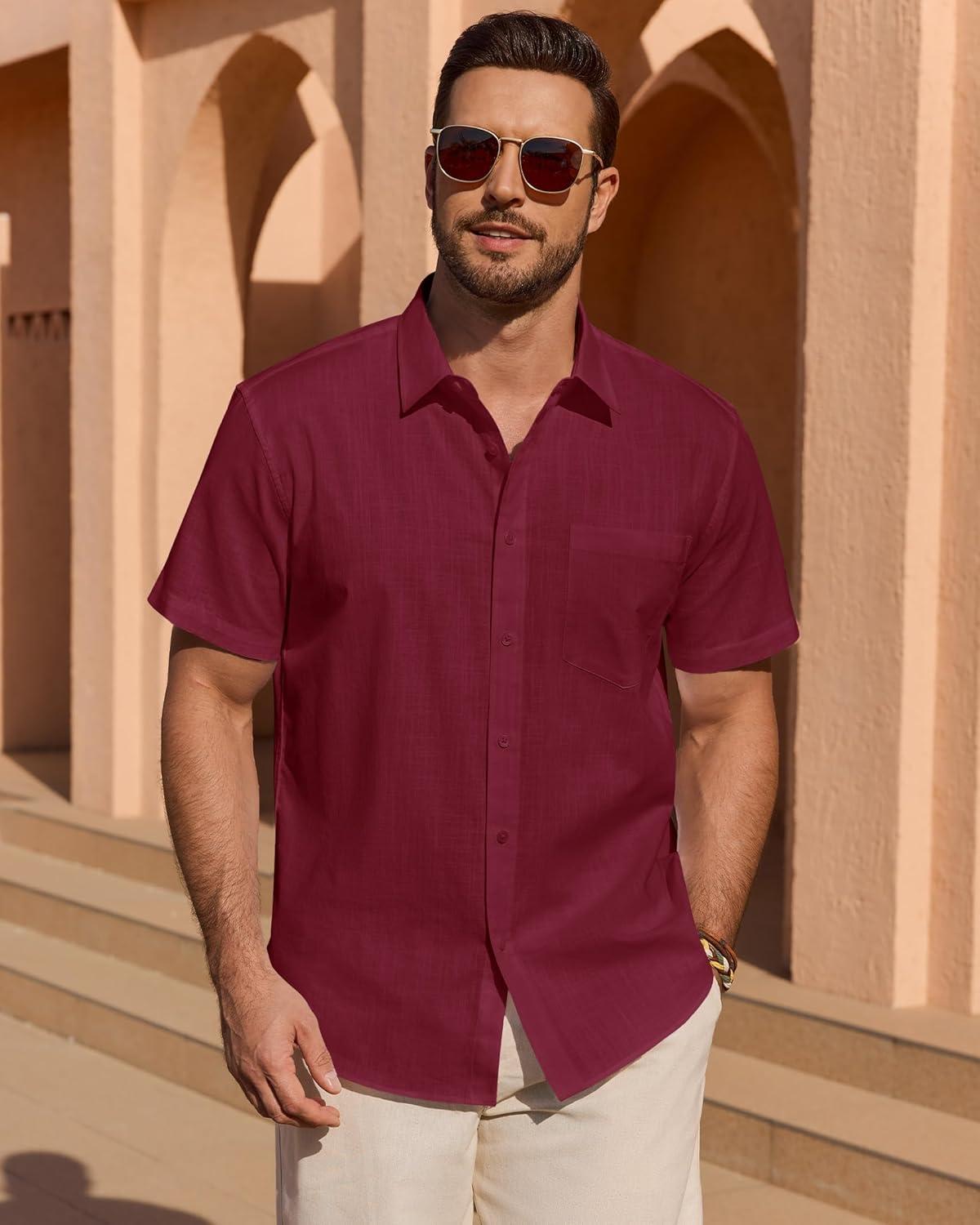 imageAlimens amp Gentle Mens Short Sleeve Cotton Linen Texture Shirt Casual Untucked Button Down Lightweight Shirts Summer BeachBurgundy