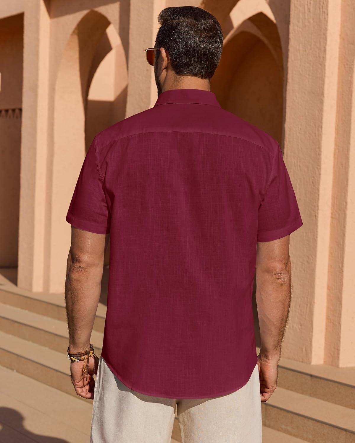imageAlimens amp Gentle Mens Short Sleeve Cotton Linen Texture Shirt Casual Untucked Button Down Lightweight Shirts Summer BeachBurgundy