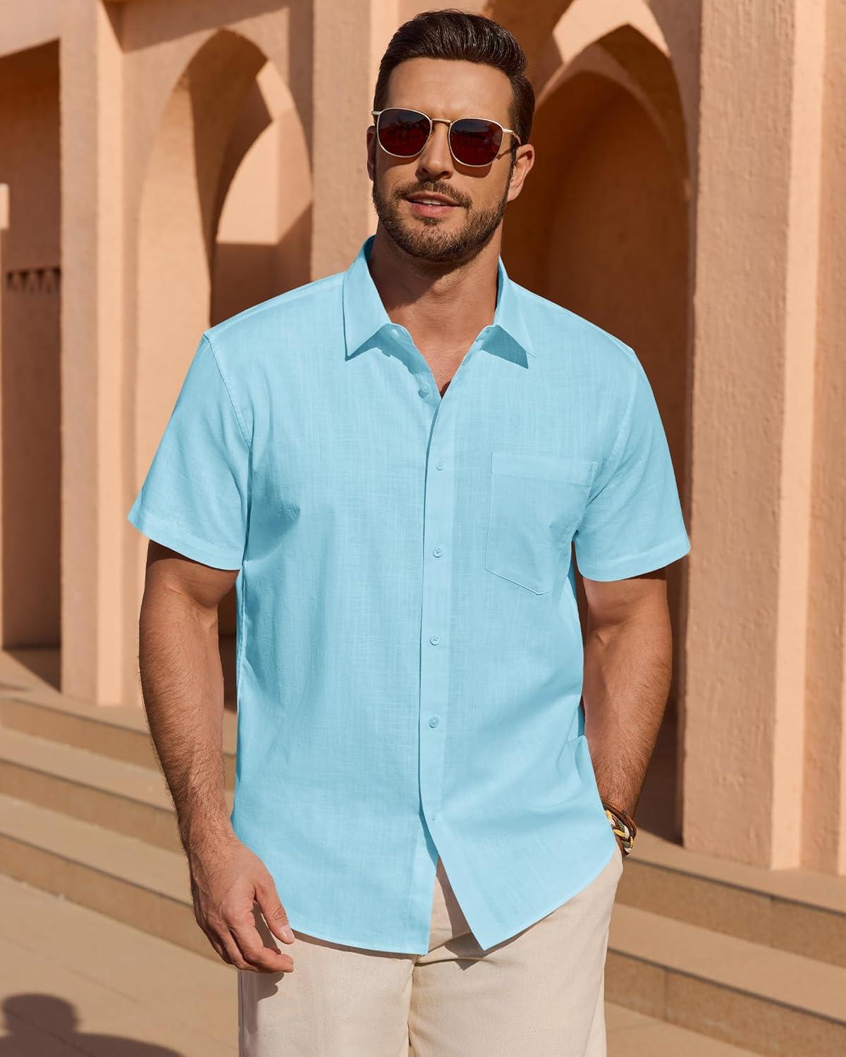 imageAlimens amp Gentle Mens Short Sleeve Cotton Linen Texture Shirt Casual Untucked Button Down Lightweight Shirts Summer BeachFluorescent Blue
