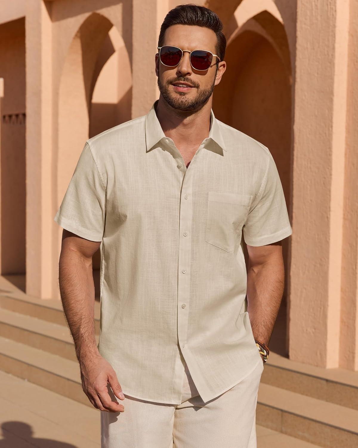 imageAlimens amp Gentle Mens Short Sleeve Cotton Linen Texture Shirt Casual Untucked Button Down Lightweight Shirts Summer BeachLight Khaki