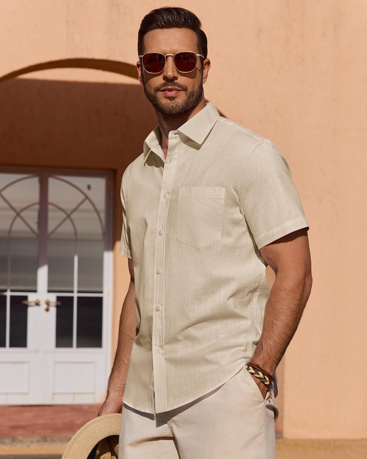 imageAlimens amp Gentle Mens Short Sleeve Cotton Linen Texture Shirt Casual Untucked Button Down Lightweight Shirts Summer BeachLight Khaki