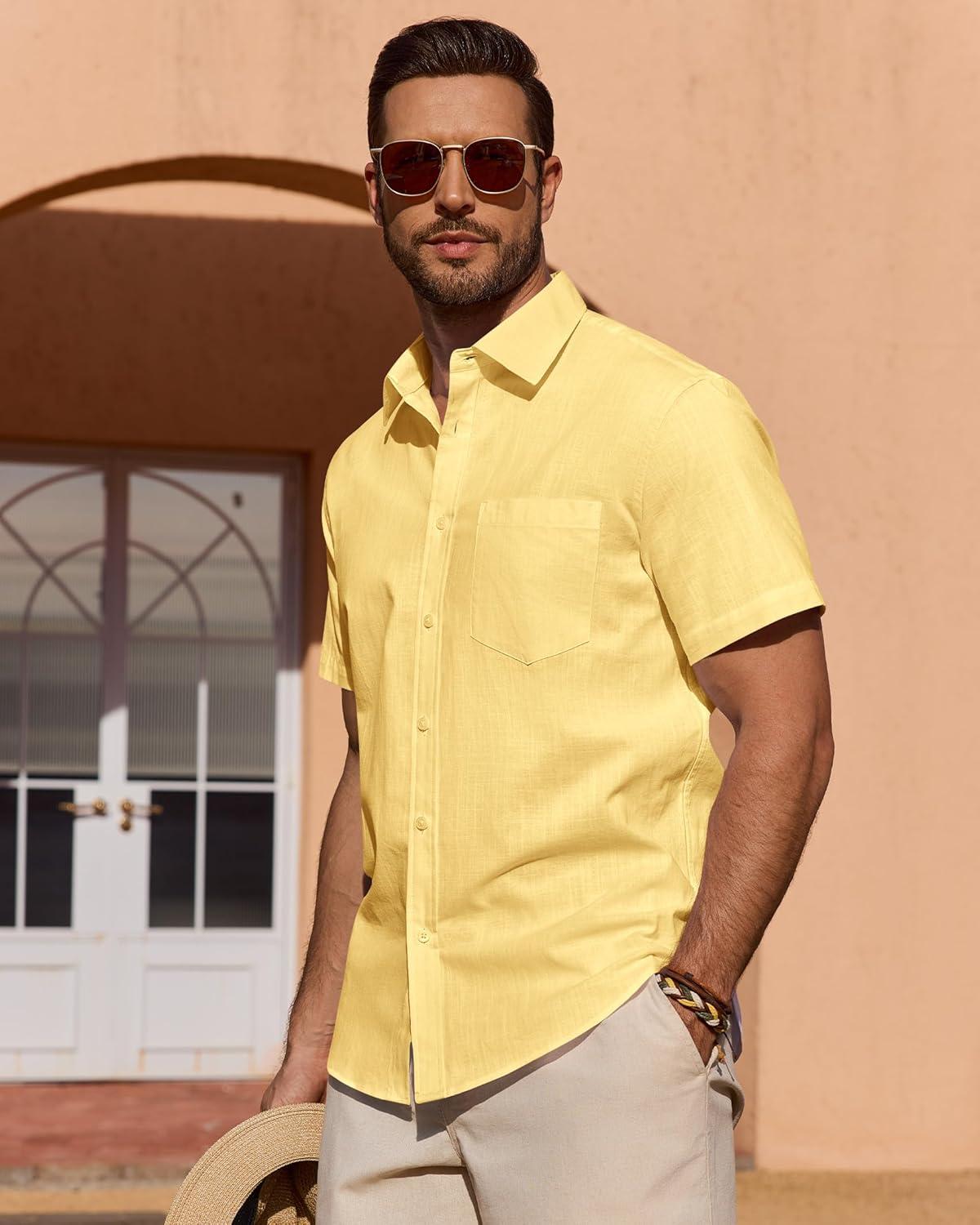 imageAlimens amp Gentle Mens Short Sleeve Cotton Linen Texture Shirt Casual Untucked Button Down Lightweight Shirts Summer BeachLight Yellow