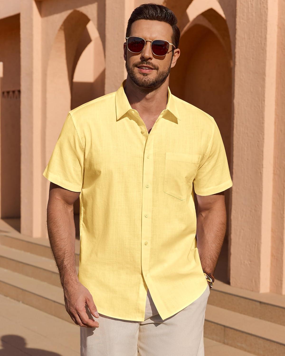 imageAlimens amp Gentle Mens Short Sleeve Cotton Linen Texture Shirt Casual Untucked Button Down Lightweight Shirts Summer BeachLight Yellow