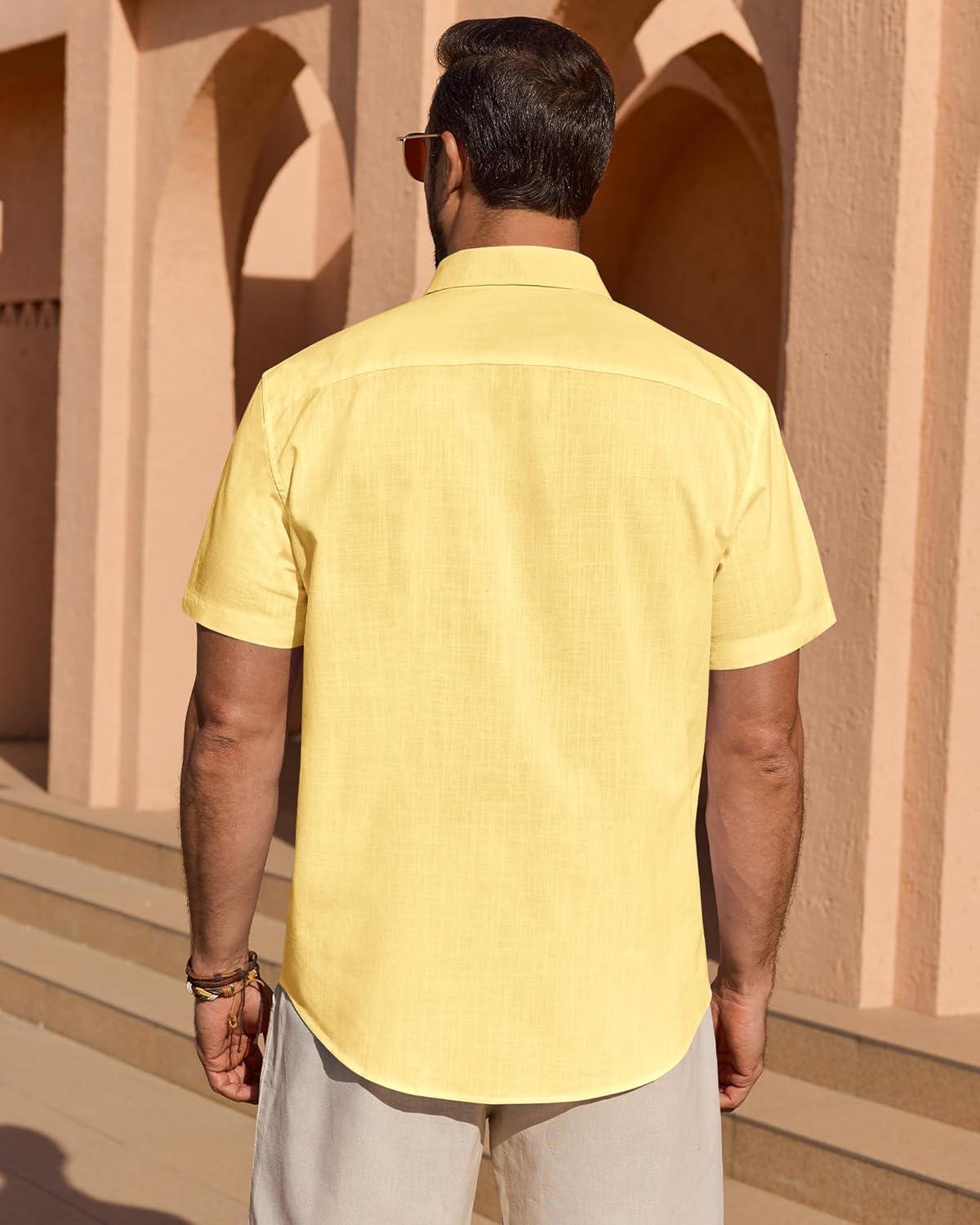 imageAlimens amp Gentle Mens Short Sleeve Cotton Linen Texture Shirt Casual Untucked Button Down Lightweight Shirts Summer BeachLight Yellow