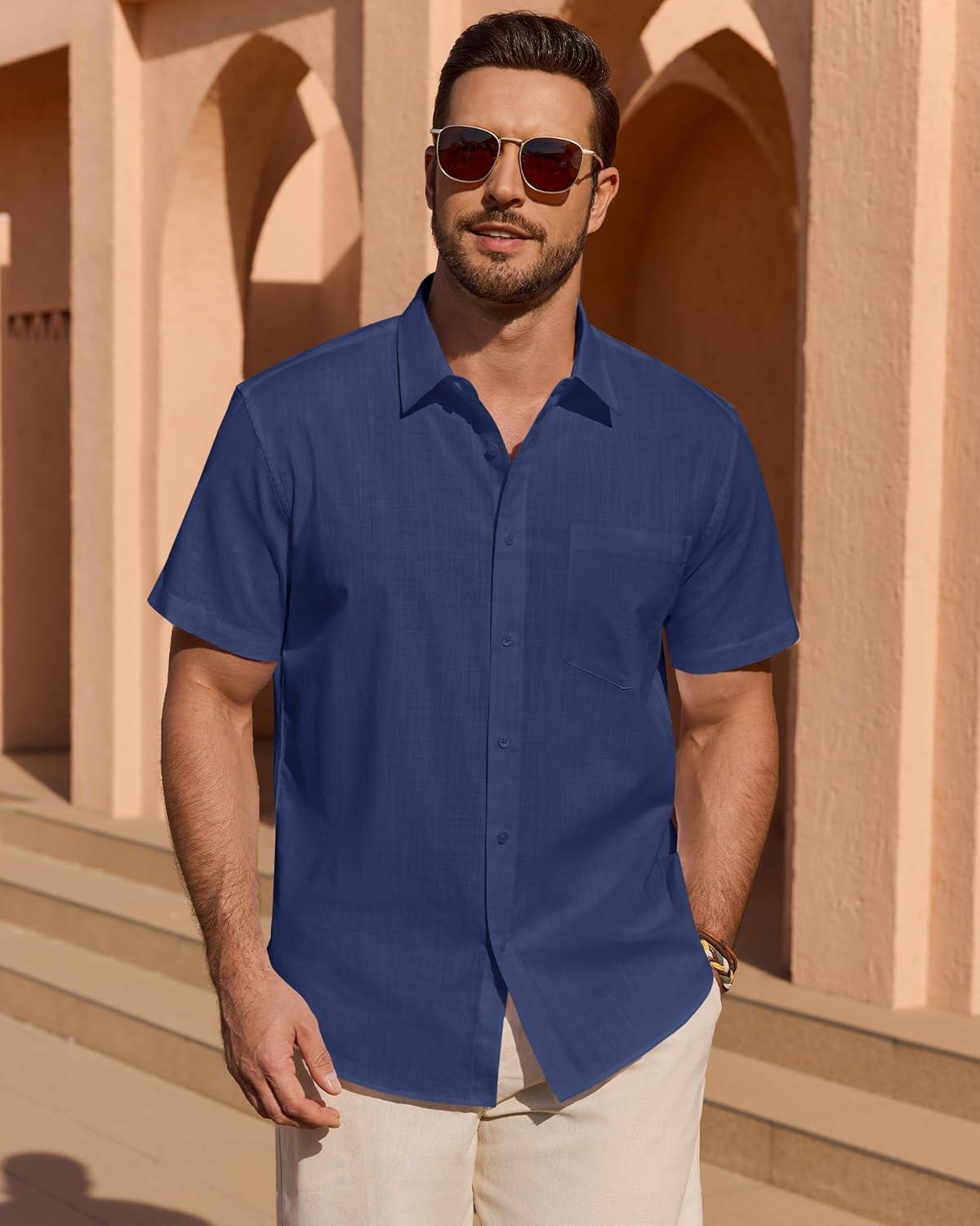 imageAlimens amp Gentle Mens Short Sleeve Cotton Linen Texture Shirt Casual Untucked Button Down Lightweight Shirts Summer BeachNavy Blue