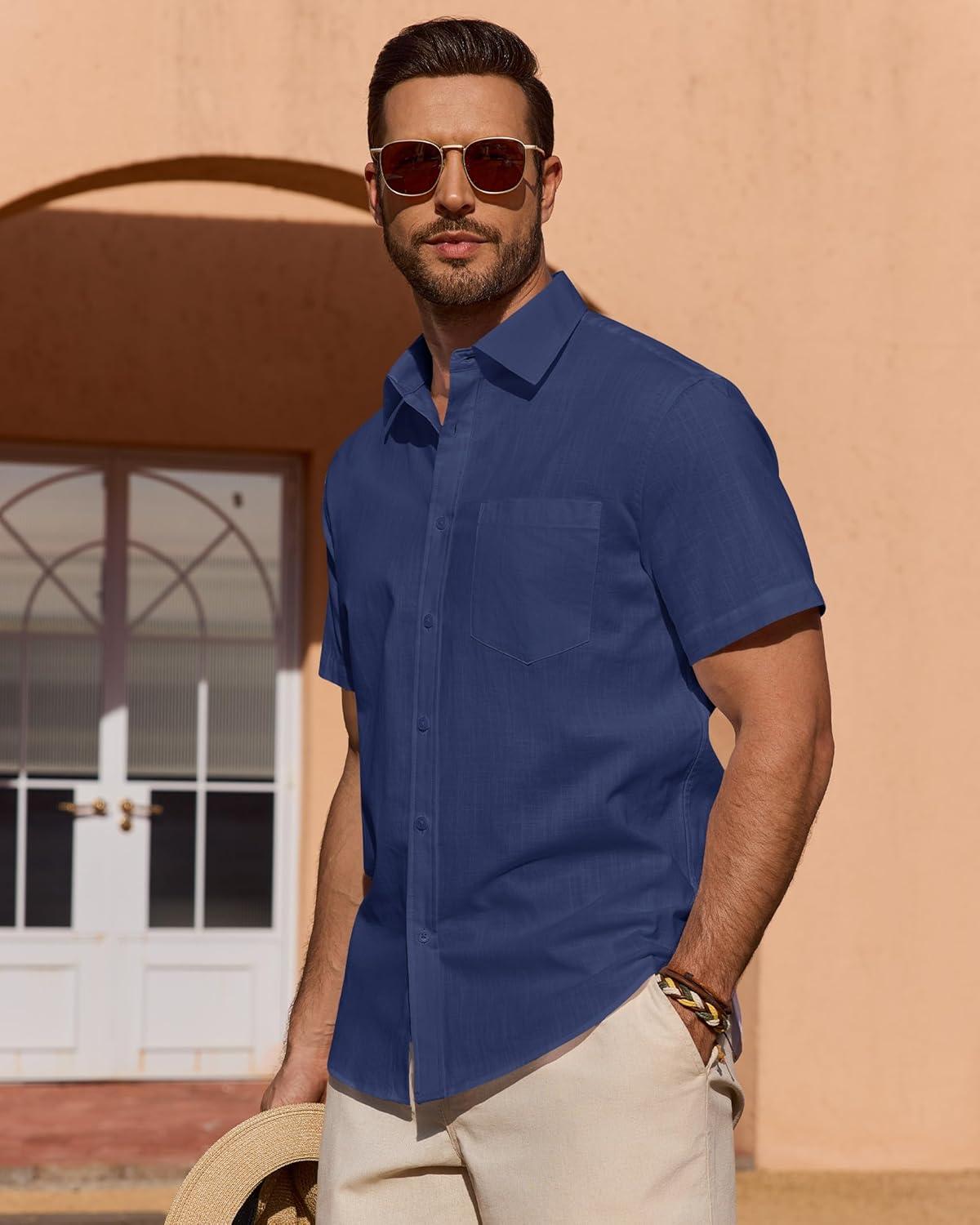 imageAlimens amp Gentle Mens Short Sleeve Cotton Linen Texture Shirt Casual Untucked Button Down Lightweight Shirts Summer BeachNavy Blue