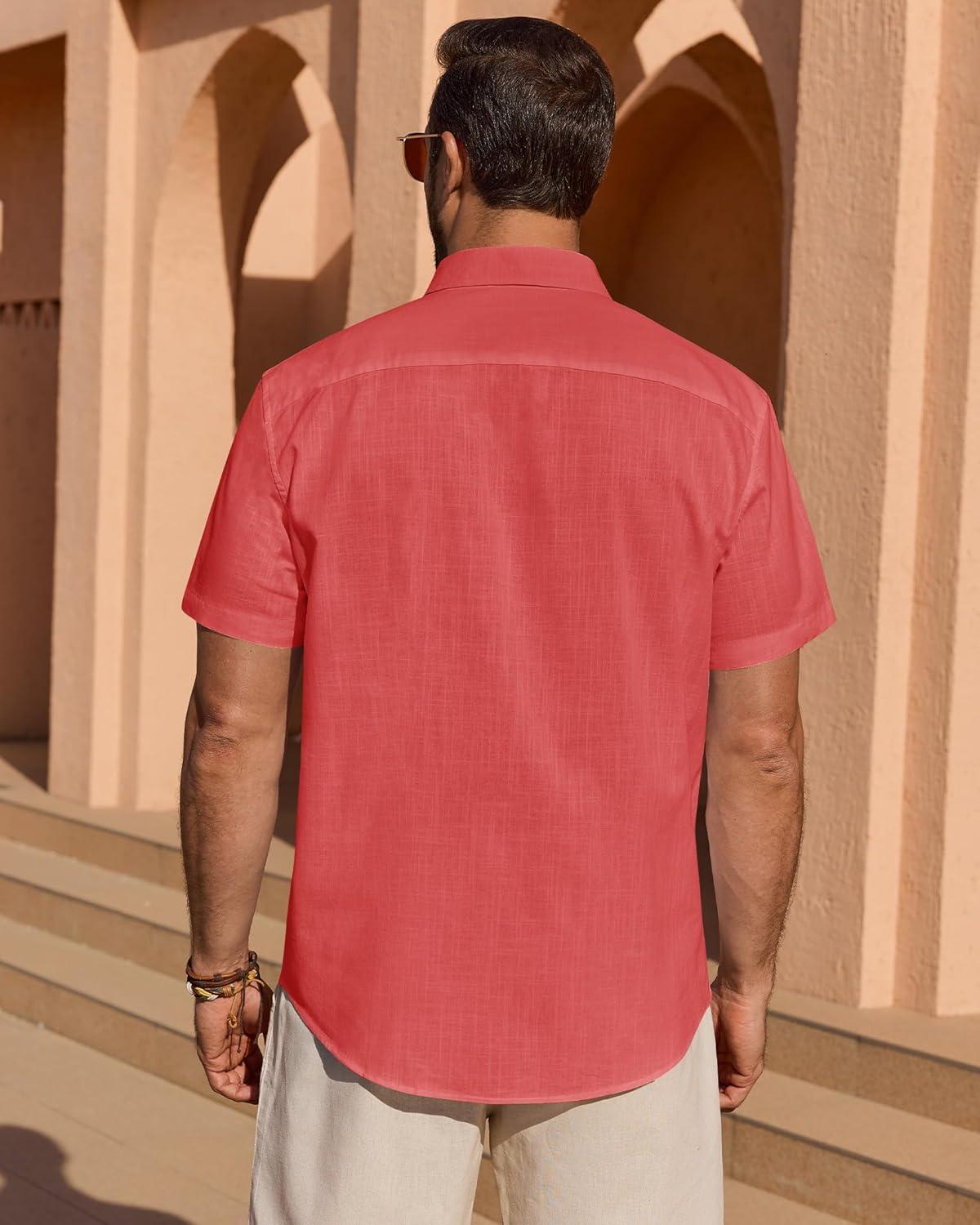 imageAlimens amp Gentle Mens Short Sleeve Cotton Linen Texture Shirt Casual Untucked Button Down Lightweight Shirts Summer BeachRed