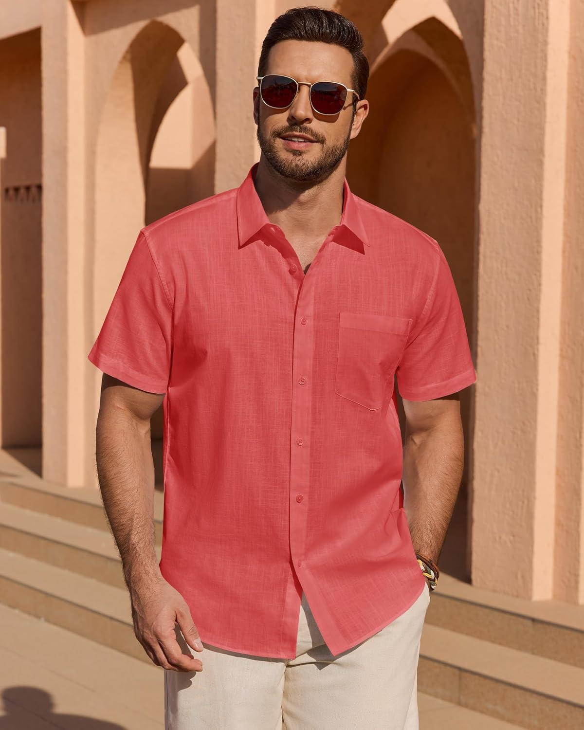 imageAlimens amp Gentle Mens Short Sleeve Cotton Linen Texture Shirt Casual Untucked Button Down Lightweight Shirts Summer BeachRed