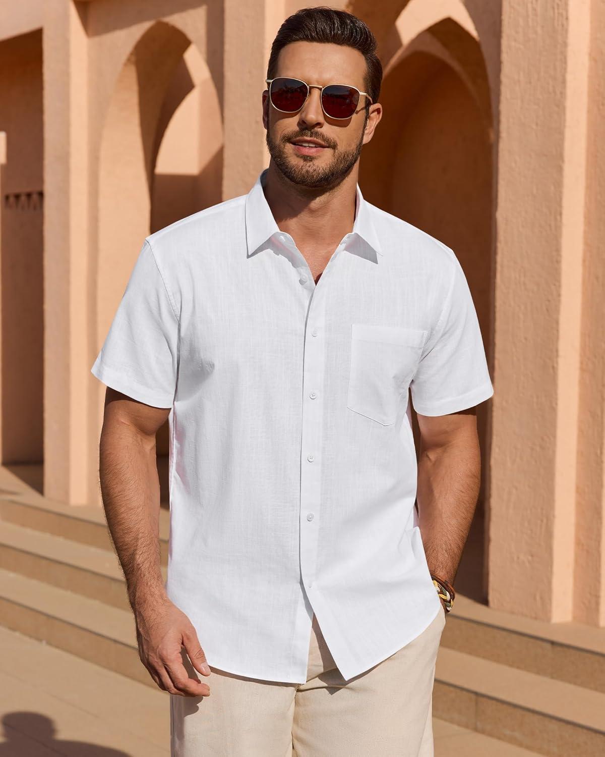 imageAlimens amp Gentle Mens Short Sleeve Cotton Linen Texture Shirt Casual Untucked Button Down Lightweight Shirts Summer BeachWhite