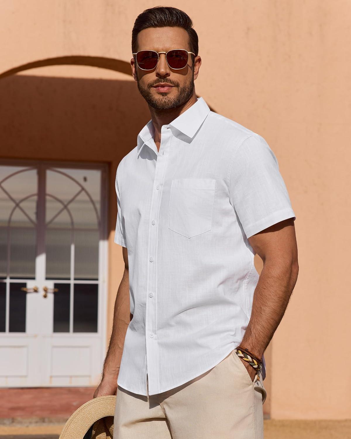 imageAlimens amp Gentle Mens Short Sleeve Cotton Linen Texture Shirt Casual Untucked Button Down Lightweight Shirts Summer BeachWhite