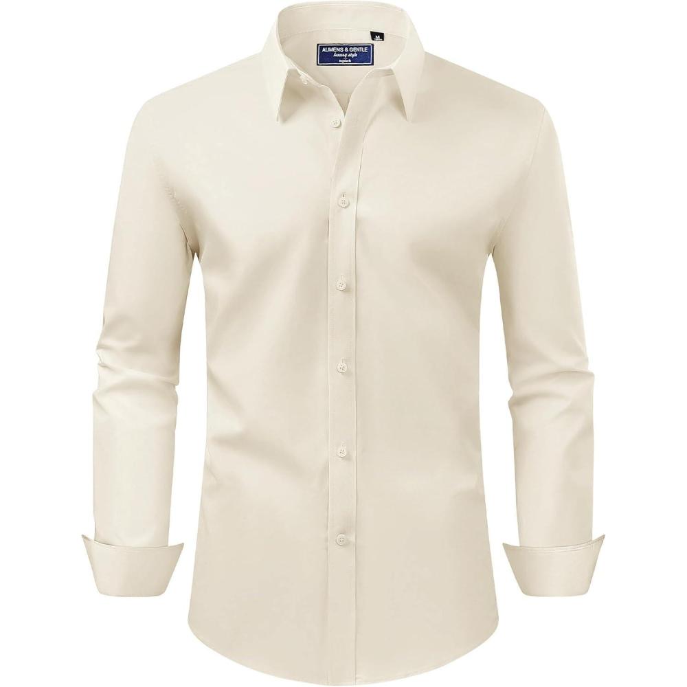 imageAlimens amp Gentle Mens Dress Shirt Regular Fit Stretch Stain Shield Long Sleeve Solid Business Wedding Button Down ShirtsBeige