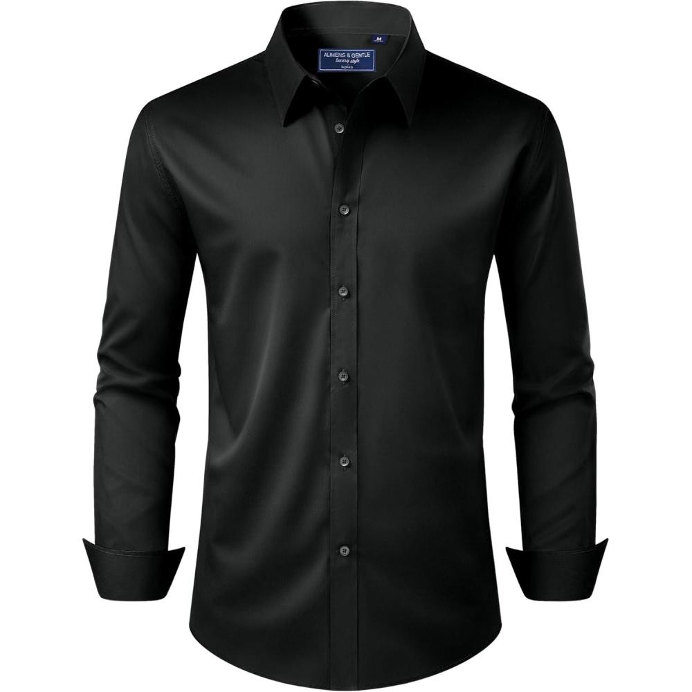 imageAlimens amp Gentle Mens Dress Shirt Regular Fit Stretch Stain Shield Long Sleeve Solid Business Wedding Button Down ShirtsBlack