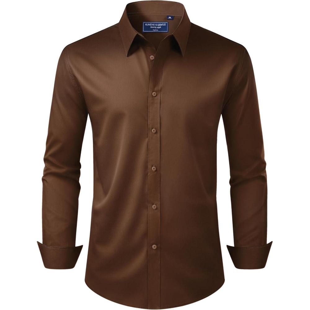 imageAlimens amp Gentle Mens Dress Shirt Regular Fit Stretch Stain Shield Long Sleeve Solid Business Wedding Button Down ShirtsBrown