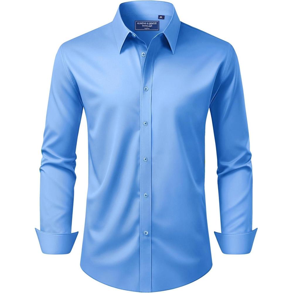 imageAlimens amp Gentle Mens Dress Shirt Regular Fit Stretch Stain Shield Long Sleeve Solid Business Wedding Button Down ShirtsClassic Blue