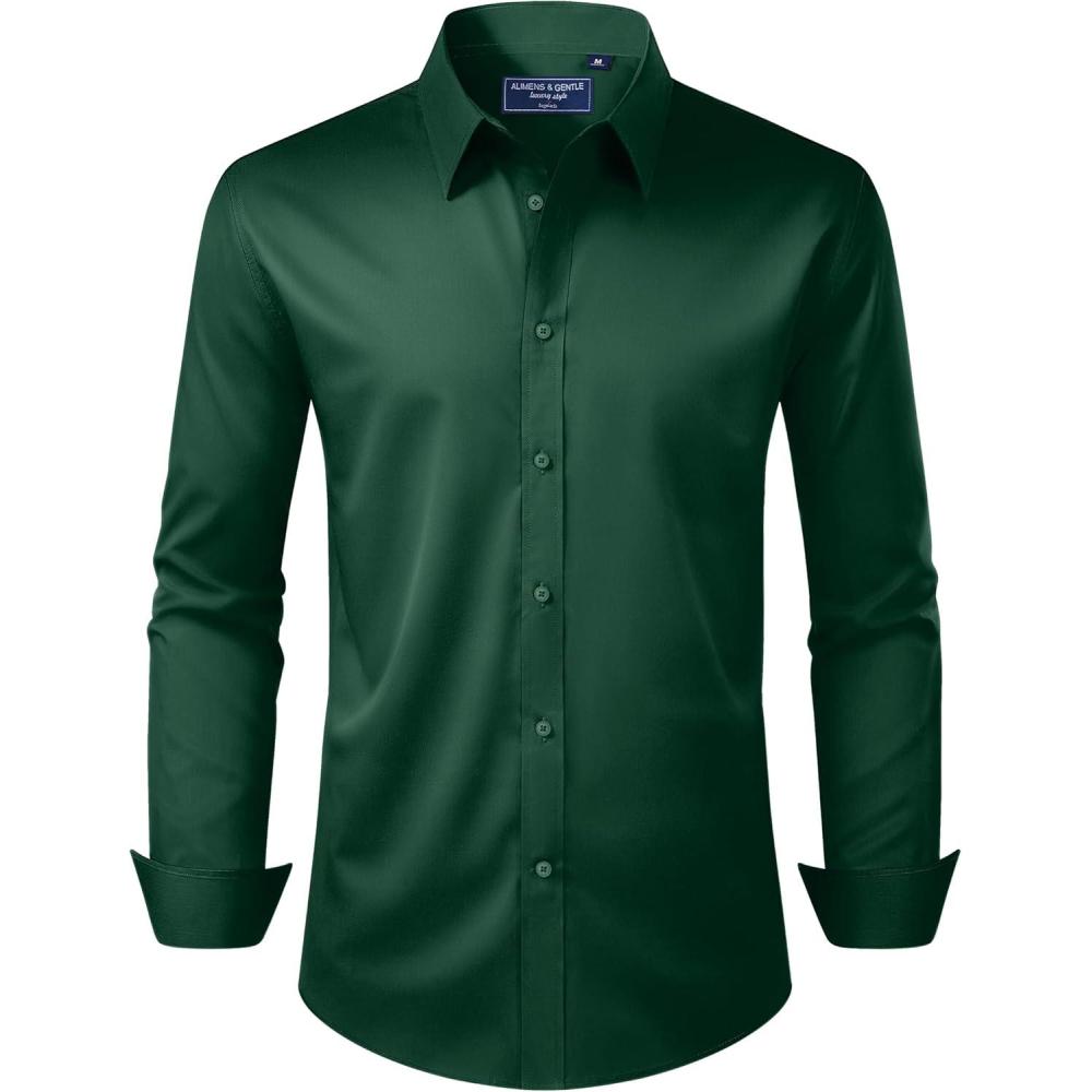imageAlimens amp Gentle Mens Dress Shirt Regular Fit Stretch Stain Shield Long Sleeve Solid Business Wedding Button Down ShirtsDark Green