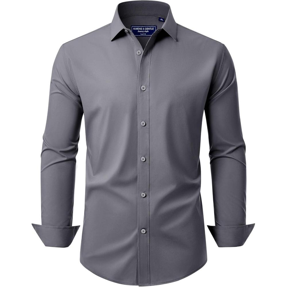 imageAlimens amp Gentle Mens Dress Shirt Regular Fit Stretch Stain Shield Long Sleeve Solid Business Wedding Button Down ShirtsDark Grey