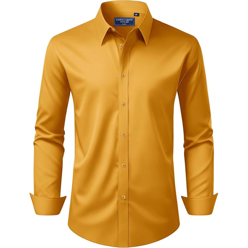 imageAlimens amp Gentle Mens Dress Shirt Regular Fit Stretch Stain Shield Long Sleeve Solid Business Wedding Button Down ShirtsGold