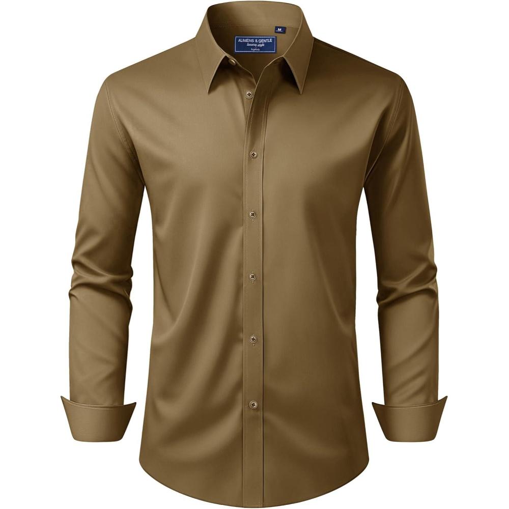 imageAlimens amp Gentle Mens Dress Shirt Regular Fit Stretch Stain Shield Long Sleeve Solid Business Wedding Button Down ShirtsKhaki