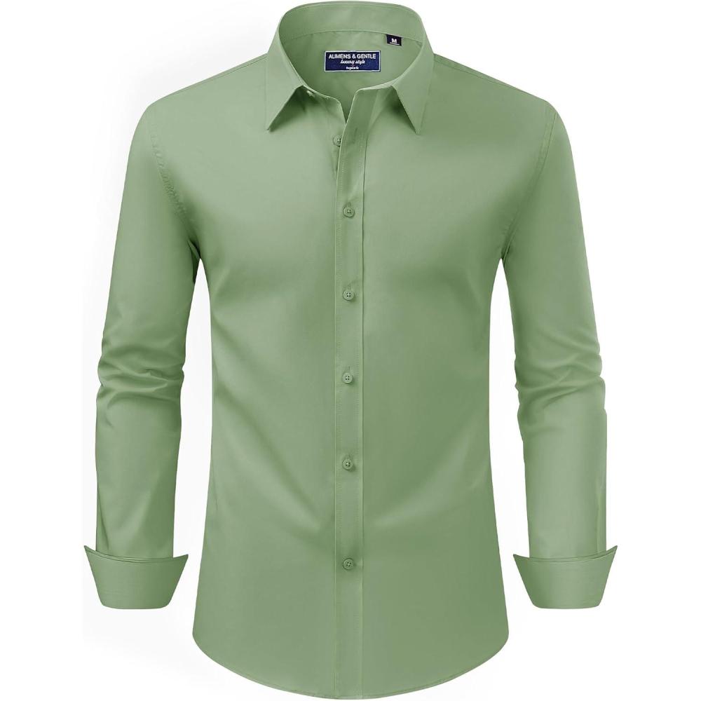 imageAlimens amp Gentle Mens Dress Shirt Regular Fit Stretch Stain Shield Long Sleeve Solid Business Wedding Button Down ShirtsLight Green