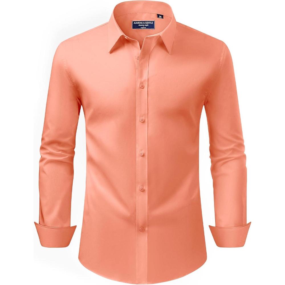 imageAlimens amp Gentle Mens Dress Shirt Regular Fit Stretch Stain Shield Long Sleeve Solid Business Wedding Button Down ShirtsLight  Orange