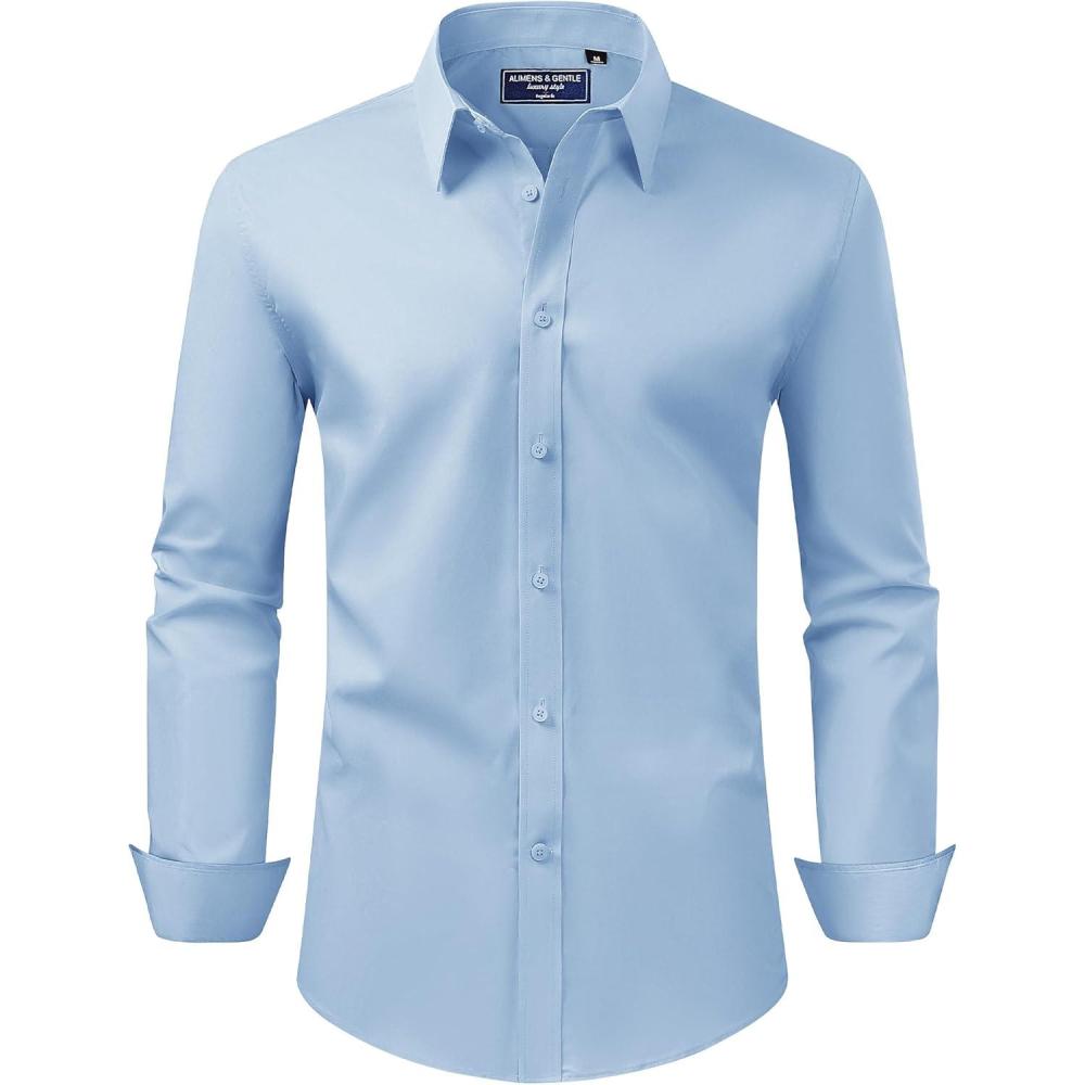 imageAlimens amp Gentle Mens Dress Shirt Regular Fit Stretch Stain Shield Long Sleeve Solid Business Wedding Button Down ShirtsLight Blue
