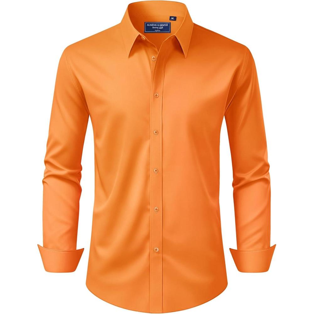 imageAlimens amp Gentle Mens Dress Shirt Regular Fit Stretch Stain Shield Long Sleeve Solid Business Wedding Button Down ShirtsOrange