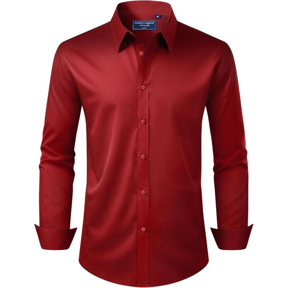 imageAlimens amp Gentle Mens Dress Shirt Regular Fit Stretch Stain Shield Long Sleeve Solid Business Wedding Button Down ShirtsRed