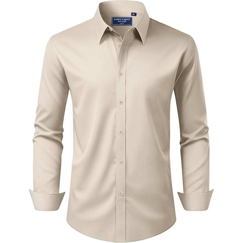 imageAlimens amp Gentle Mens Dress Shirt Regular Fit Stretch Stain Shield Long Sleeve Solid Business Wedding Button Down ShirtsTan