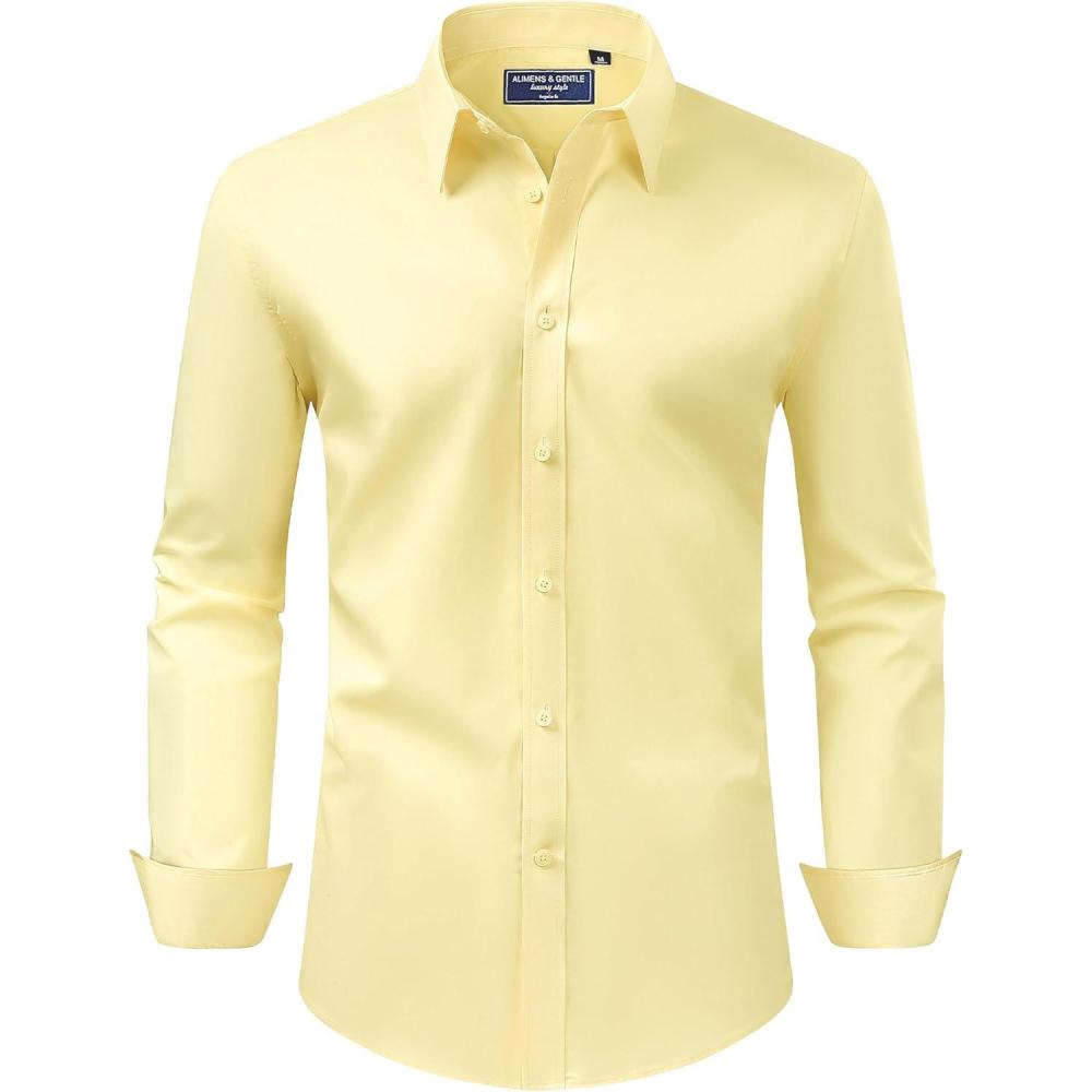imageAlimens amp Gentle Mens Dress Shirt Regular Fit Stretch Stain Shield Long Sleeve Solid Business Wedding Button Down ShirtsYellow