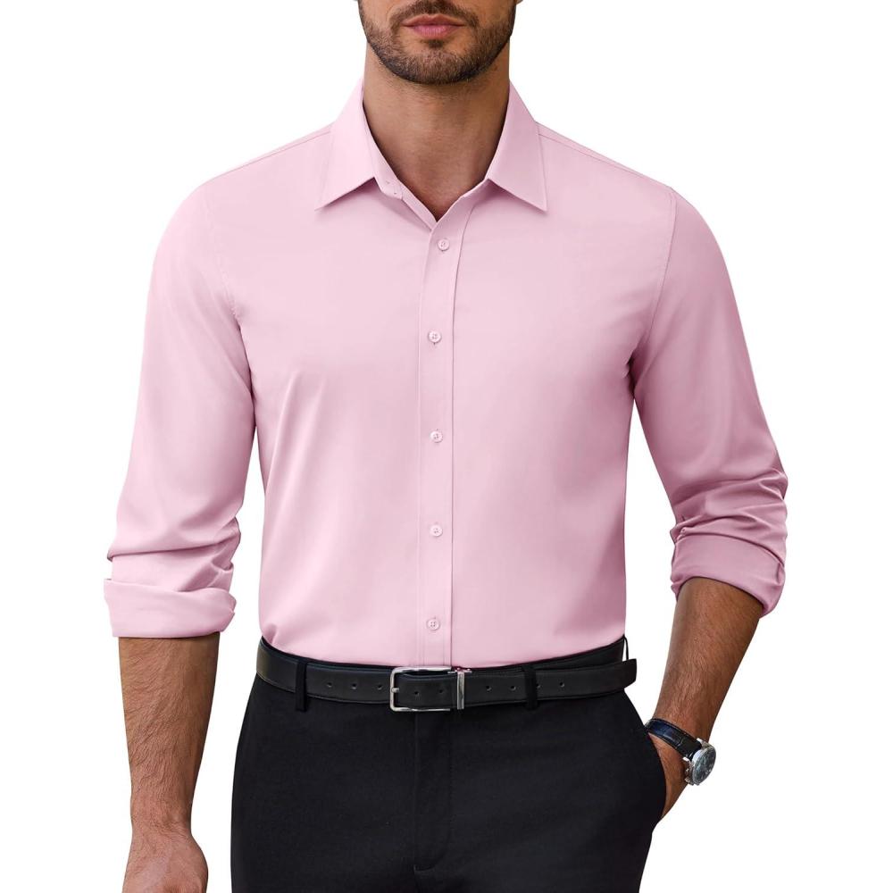 imageAlimens amp Gentle Mens Dress Shirts Stretch Solid Wrinkle Free Button Down Shirt Casual Business Wedding Button Up ShirtPink