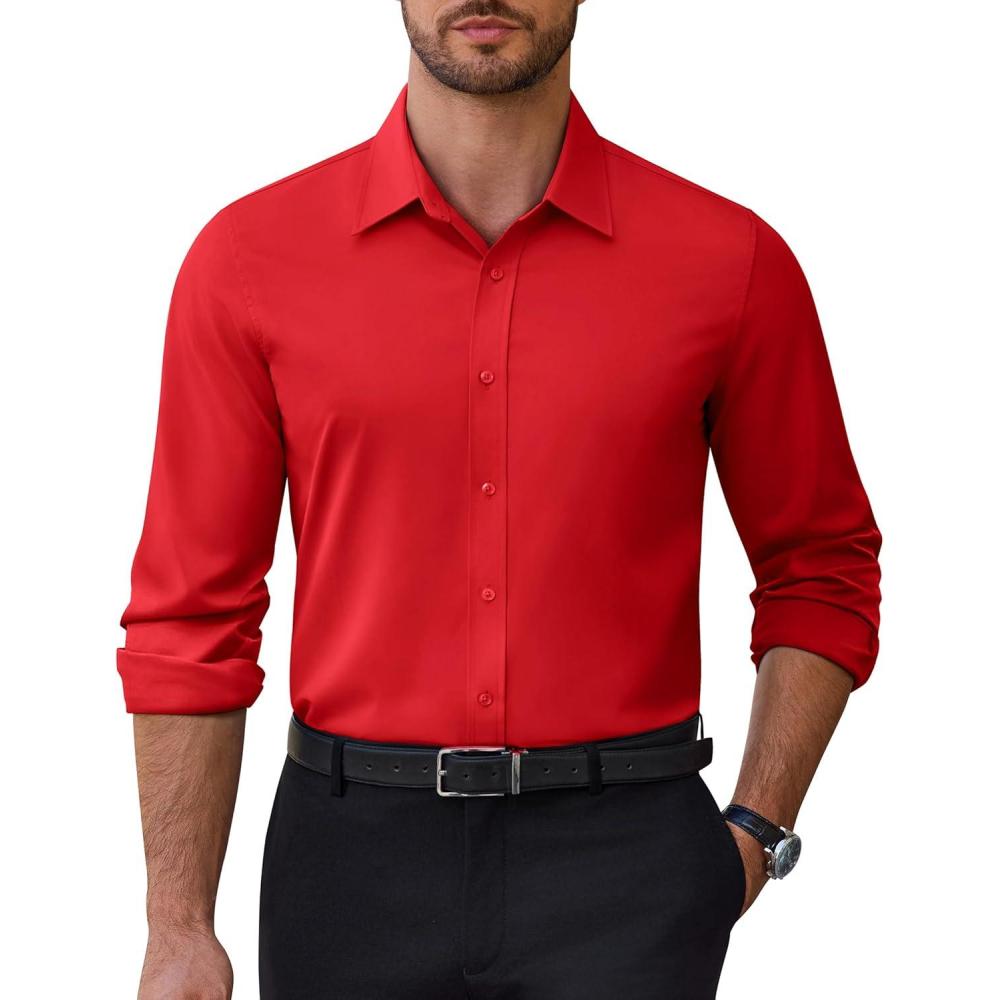 imageAlimens amp Gentle Mens Dress Shirts Stretch Solid Wrinkle Free Button Down Shirt Casual Business Wedding Button Up ShirtRed