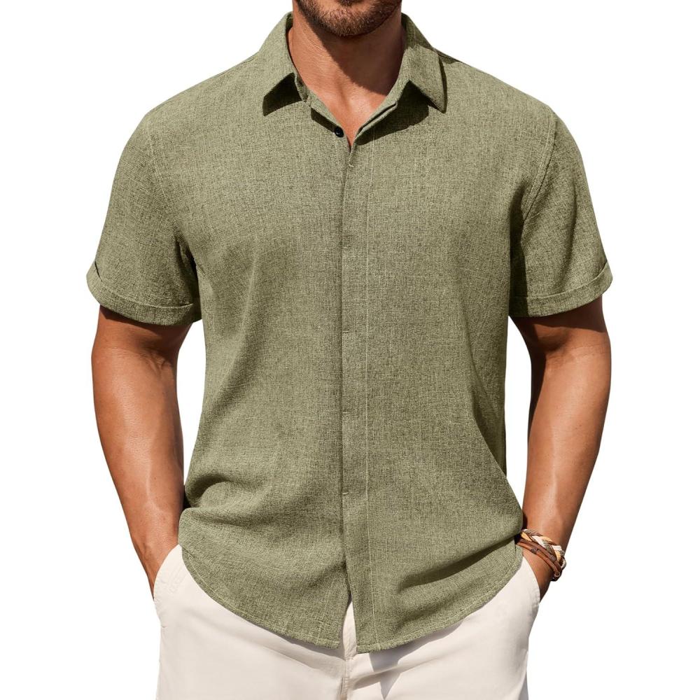 imageAlimens amp Gentle Mens Linen Shirt Short Sleeve Button Down Shirt Casual Summer Beach Vacation Wedding Linen Texture ShirtsArmy Green
