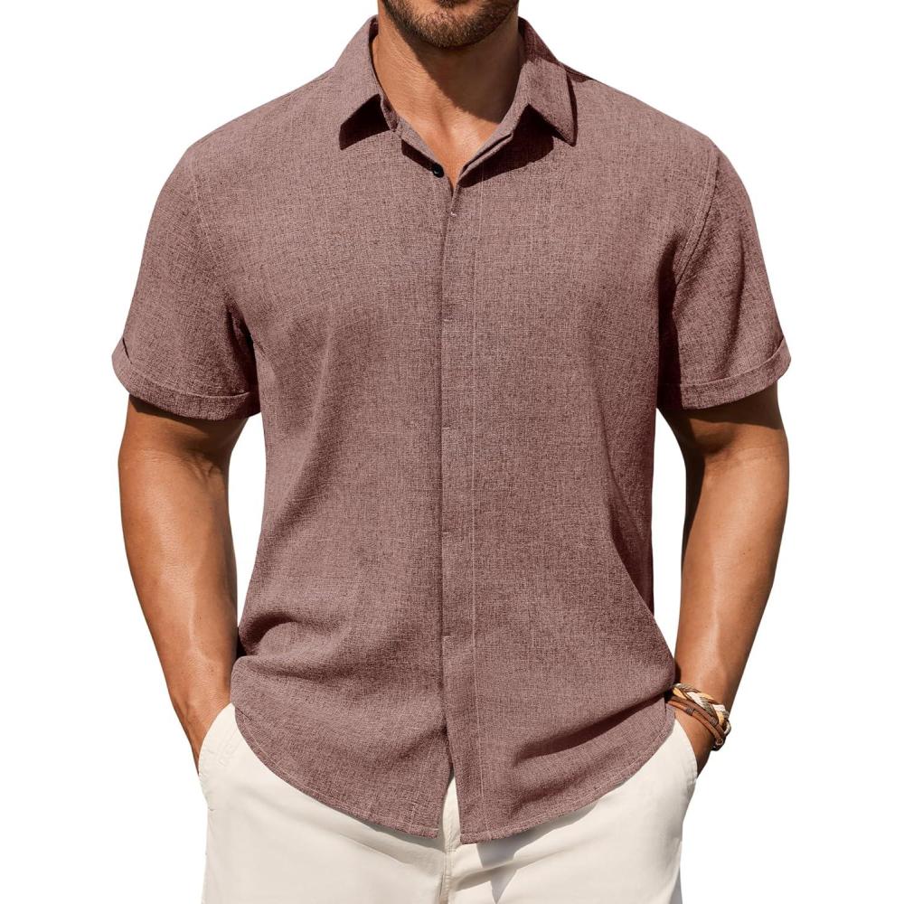 imageAlimens amp Gentle Mens Linen Shirt Short Sleeve Button Down Shirt Casual Summer Beach Vacation Wedding Linen Texture ShirtsBurgundy