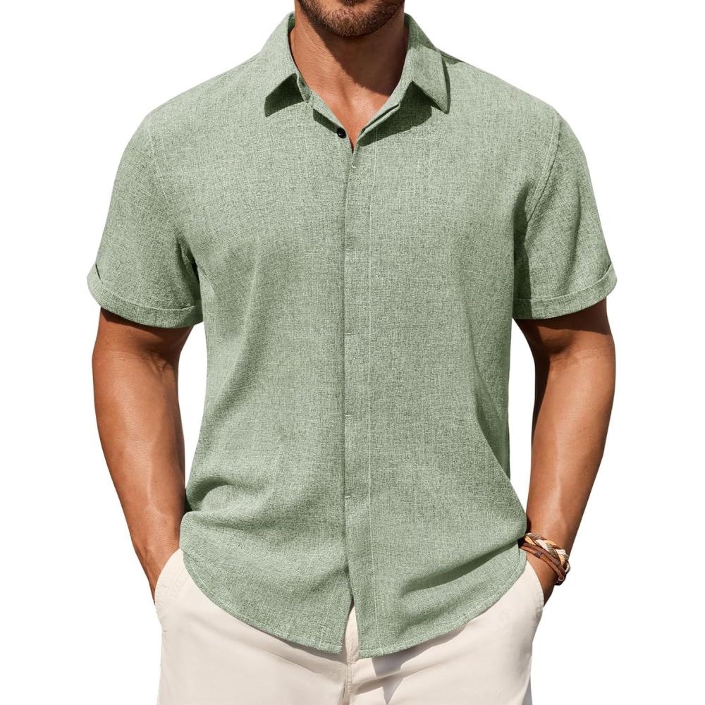 imageAlimens amp Gentle Mens Linen Shirt Short Sleeve Button Down Shirt Casual Summer Beach Vacation Wedding Linen Texture ShirtsGreen