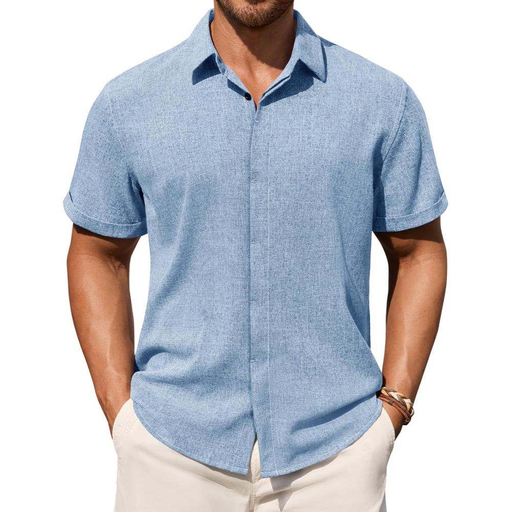 imageAlimens amp Gentle Mens Linen Shirt Short Sleeve Button Down Shirt Casual Summer Beach Vacation Wedding Linen Texture ShirtsLight Blue