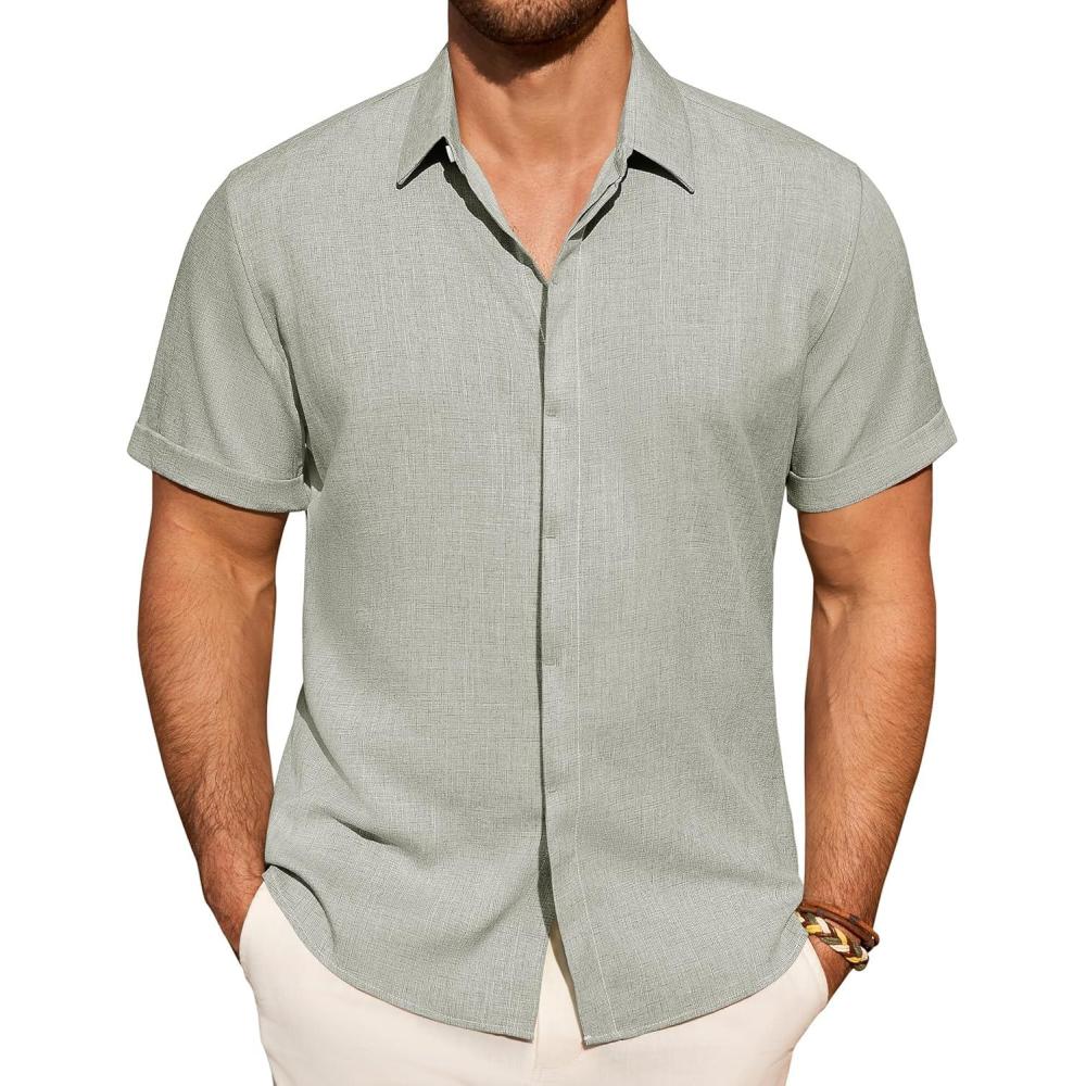 imageAlimens amp Gentle Mens Linen Shirt Short Sleeve Button Down Shirt Casual Summer Beach Vacation Wedding Linen Texture ShirtsLight Grey
