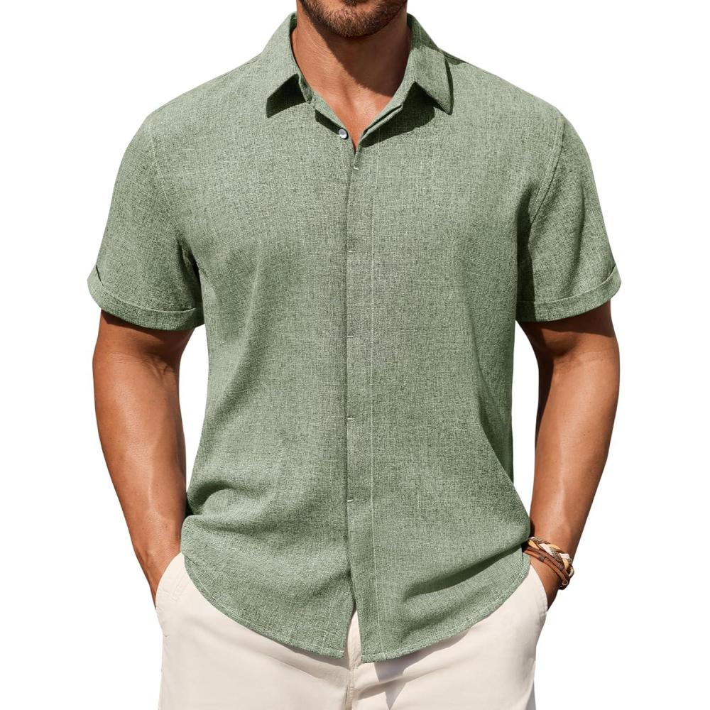 imageAlimens amp Gentle Mens Linen Shirt Short Sleeve Button Down Shirt Casual Summer Beach Vacation Wedding Linen Texture ShirtsOlive Green