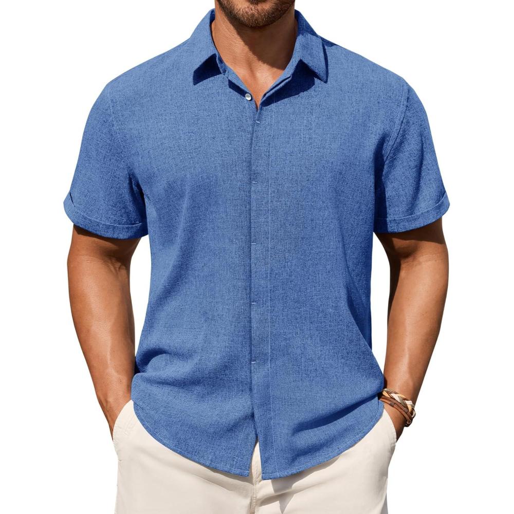 imageAlimens amp Gentle Mens Linen Shirt Short Sleeve Button Down Shirt Casual Summer Beach Vacation Wedding Linen Texture ShirtsRoyal Blue