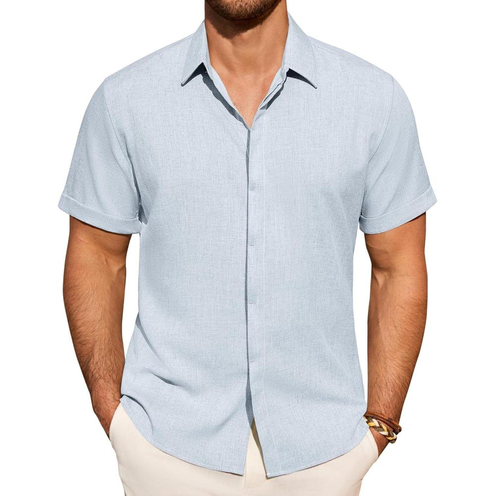 imageAlimens amp Gentle Mens Linen Shirt Short Sleeve Button Down Shirt Casual Summer Beach Vacation Wedding Linen Texture ShirtsSky Blue