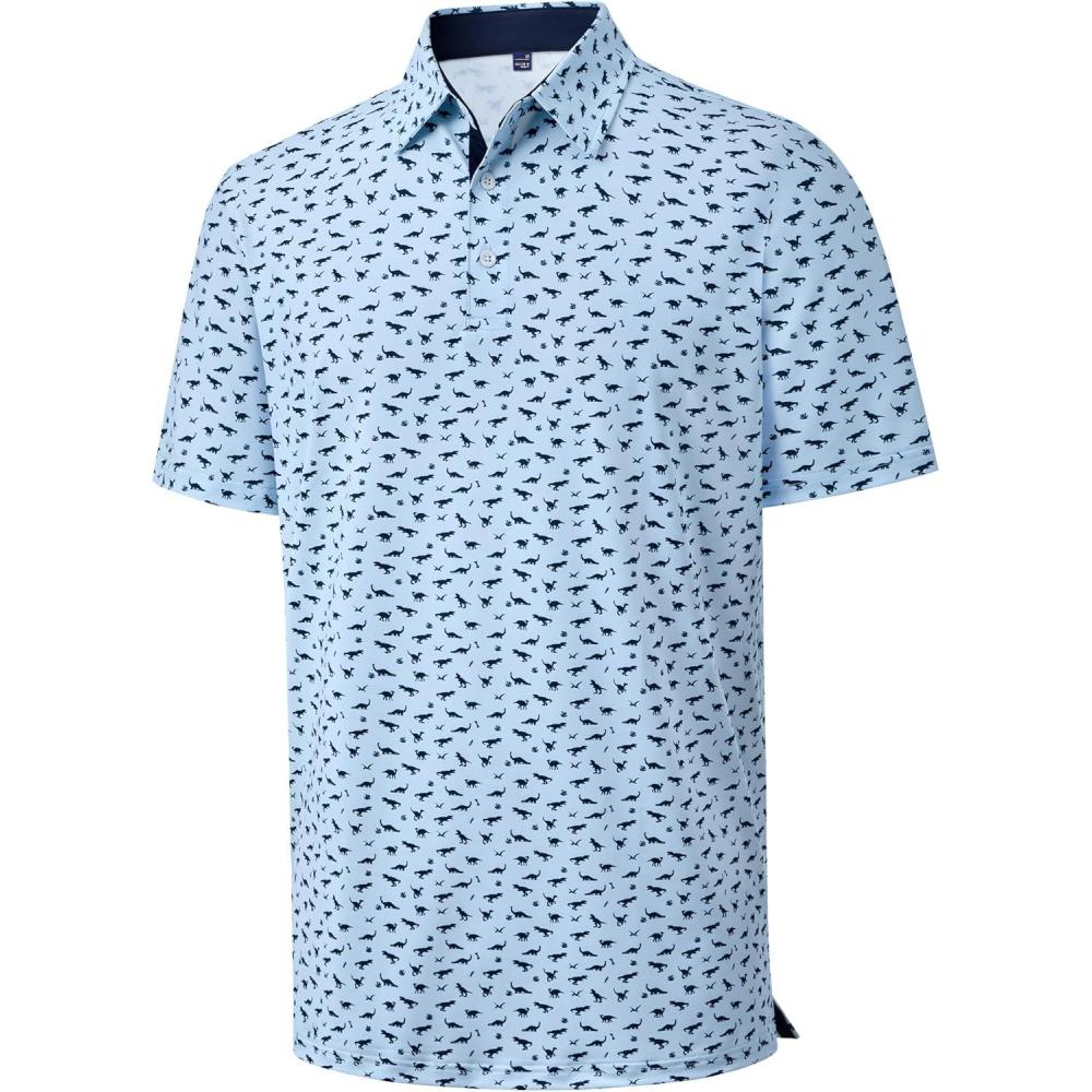 imageAlimens amp Gentle Mens Polo Shirts Short Sleeve Printed Golf Shirt Moisture Wicking Dry Fit Collared Business Casual TennisLight Blue Dinosaur