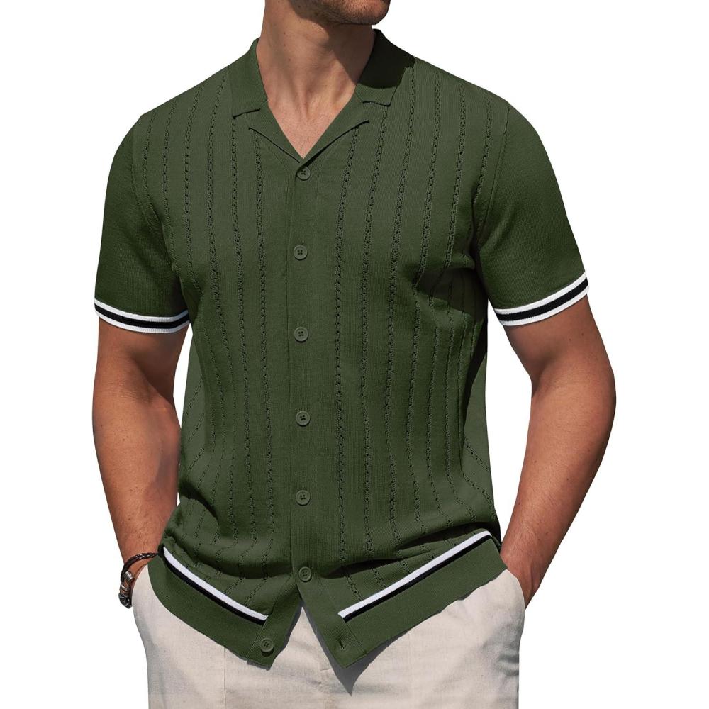 imageAlimens amp Gentle Mens Short Sleeve Button Down Shirts Knit Casual Shirts for Men Vintage Cuban Shirt Striped KnittedArmy Green