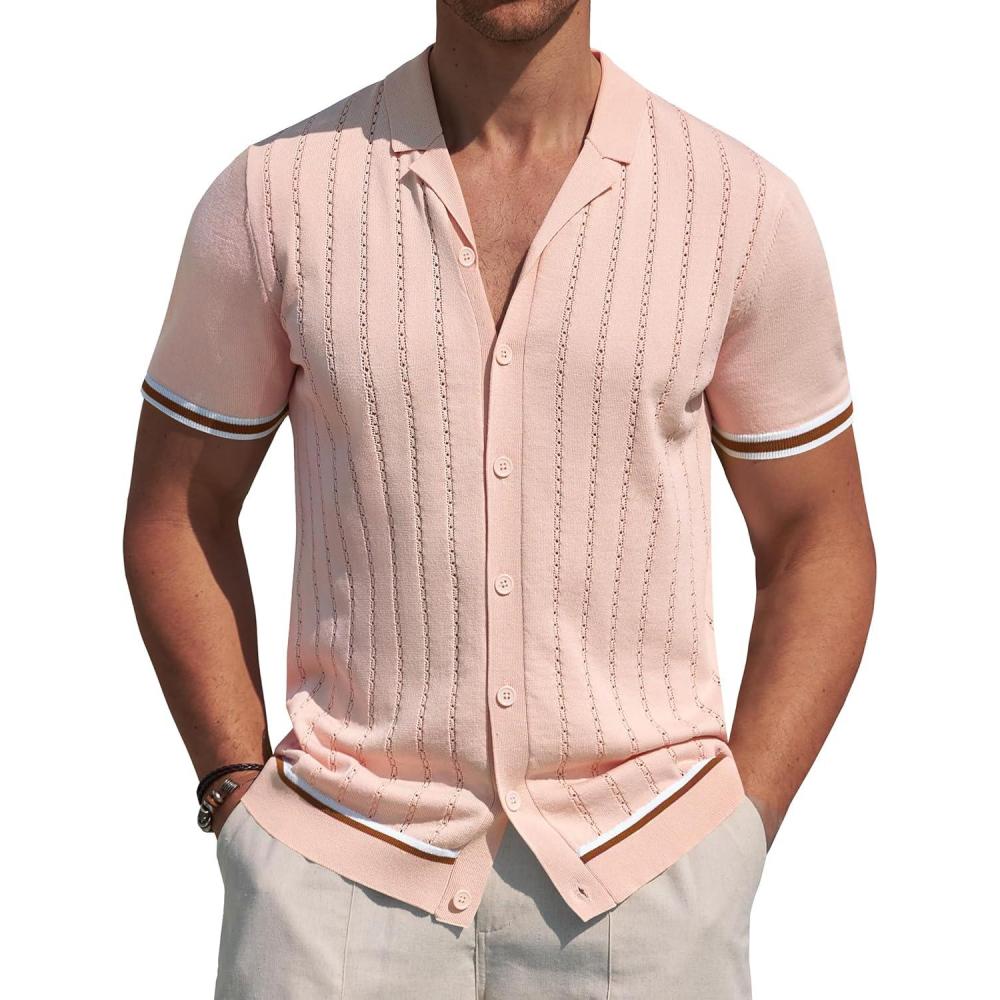 imageAlimens amp Gentle Mens Short Sleeve Button Down Shirts Knit Casual Shirts for Men Vintage Cuban Shirt Striped KnittedBeige