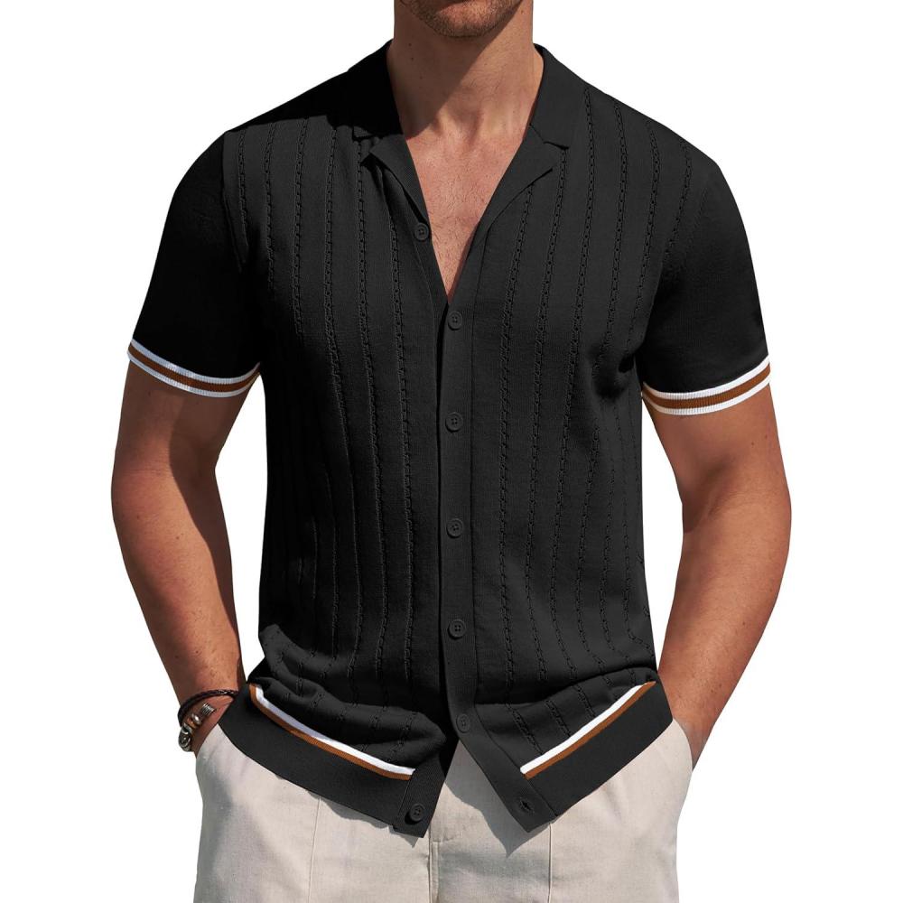 imageAlimens amp Gentle Mens Short Sleeve Button Down Shirts Knit Casual Shirts for Men Vintage Cuban Shirt Striped KnittedBlack