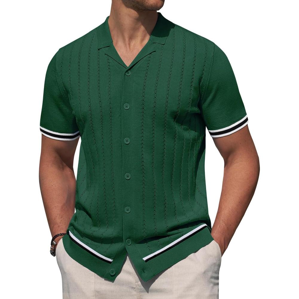 imageAlimens amp Gentle Mens Short Sleeve Button Down Shirts Knit Casual Shirts for Men Vintage Cuban Shirt Striped KnittedDark Green