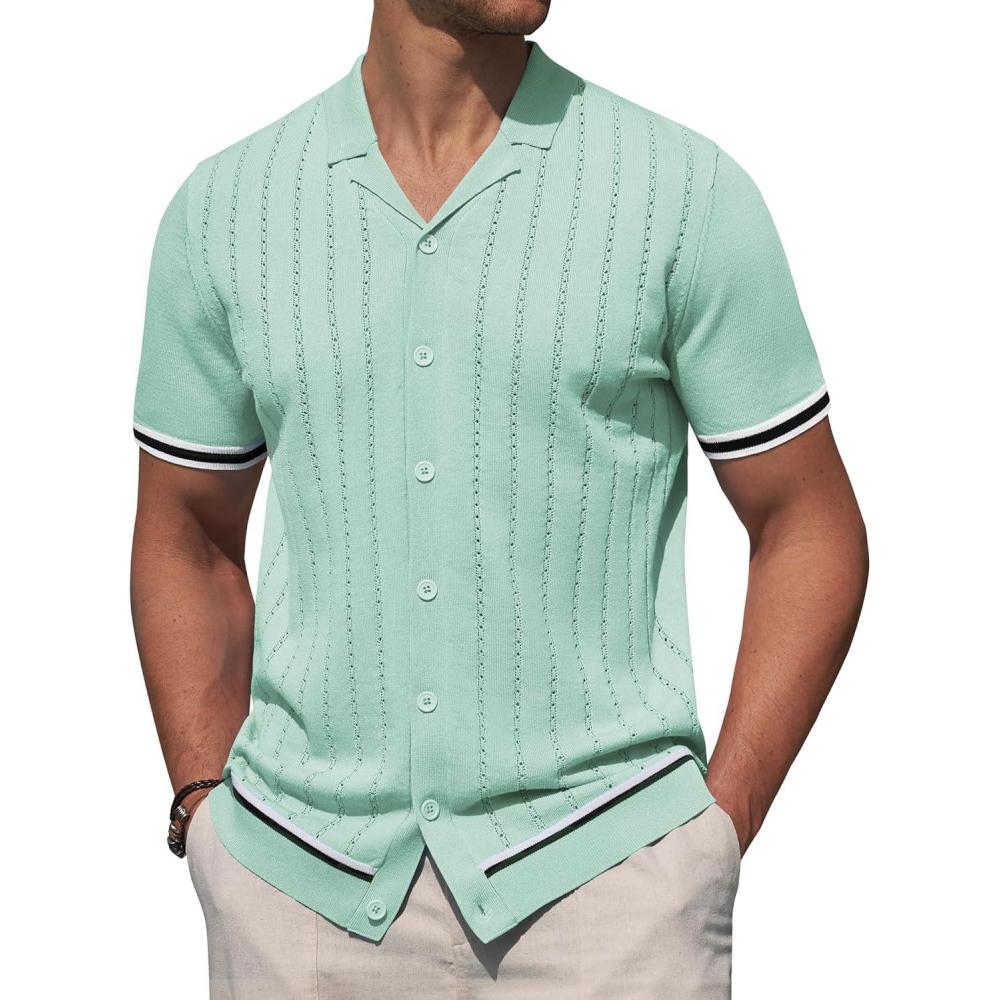 imageAlimens amp Gentle Mens Short Sleeve Button Down Shirts Knit Casual Shirts for Men Vintage Cuban Shirt Striped KnittedLight Green