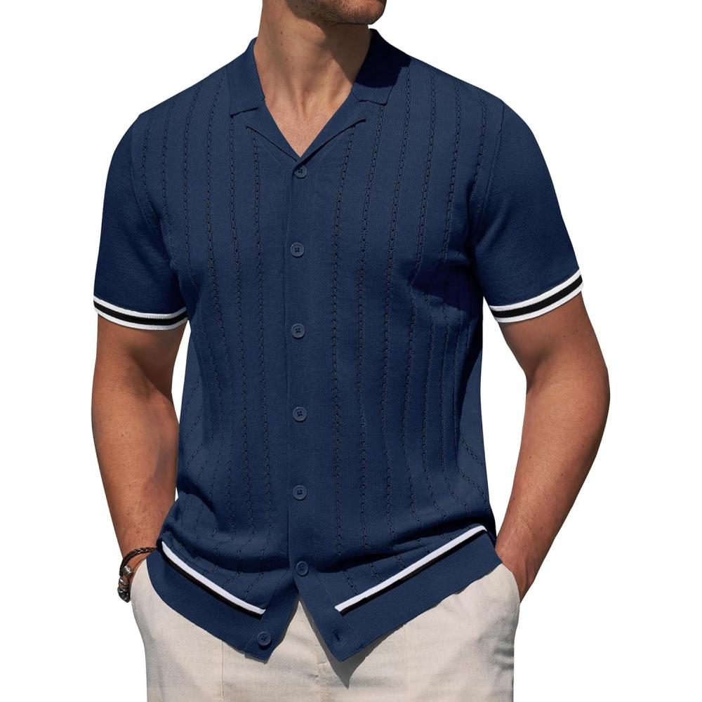 imageAlimens amp Gentle Mens Short Sleeve Button Down Shirts Knit Casual Shirts for Men Vintage Cuban Shirt Striped KnittedNavy Blue