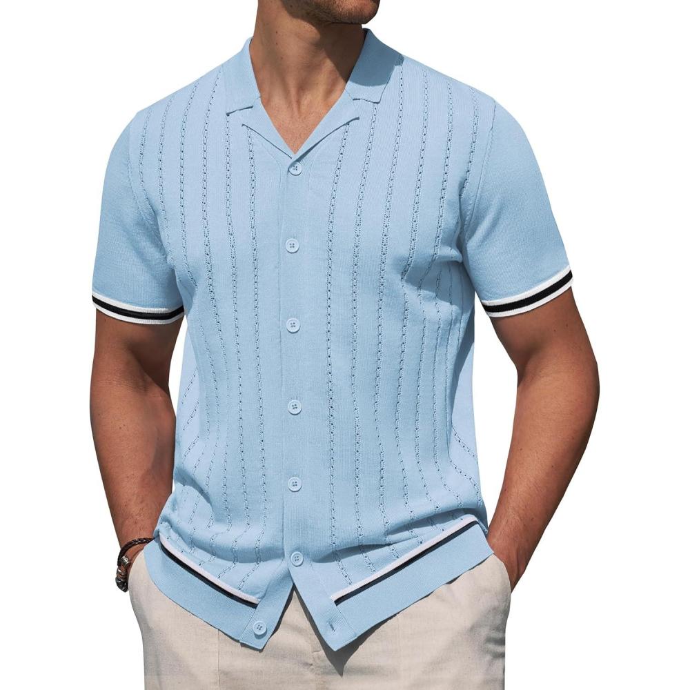 imageAlimens amp Gentle Mens Short Sleeve Button Down Shirts Knit Casual Shirts for Men Vintage Cuban Shirt Striped KnittedSky Blue