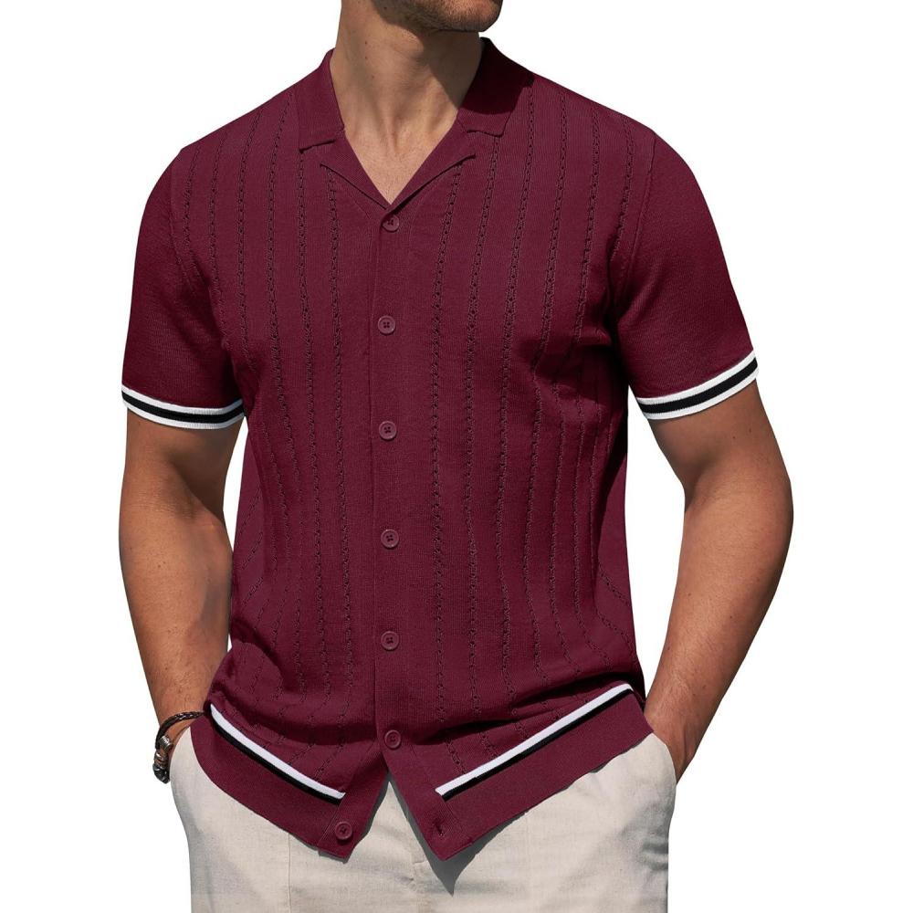 imageAlimens amp Gentle Mens Short Sleeve Button Down Shirts Knit Casual Shirts for Men Vintage Cuban Shirt Striped KnittedWine Red