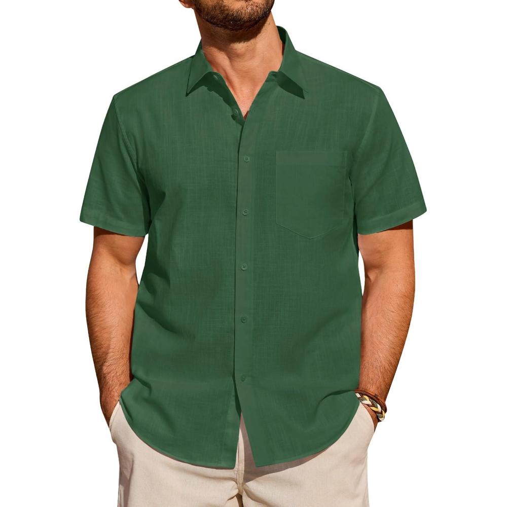 imageAlimens amp Gentle Mens Short Sleeve Cotton Linen Texture Shirt Casual Untucked Button Down Lightweight Shirts Summer BeachArmy Green